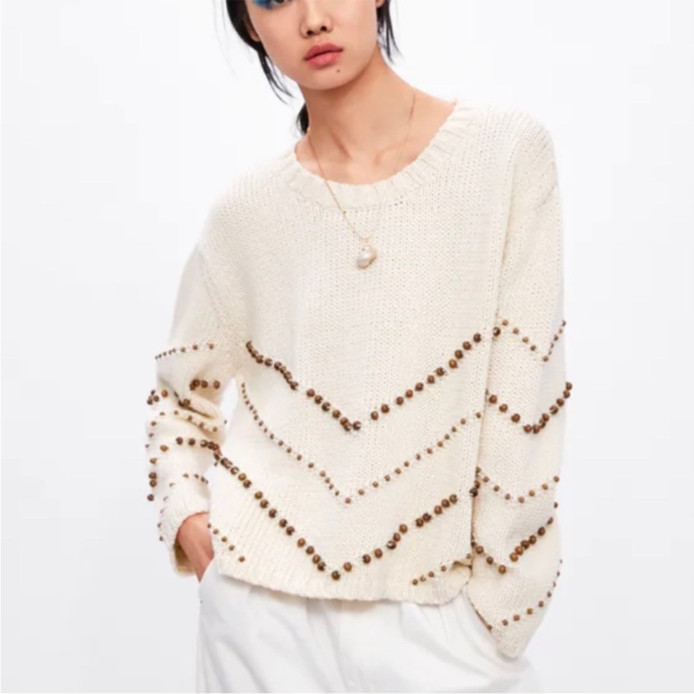 ZARA Cream Knit Long Sleeve Wood Beaded Embellished Sweater Size S